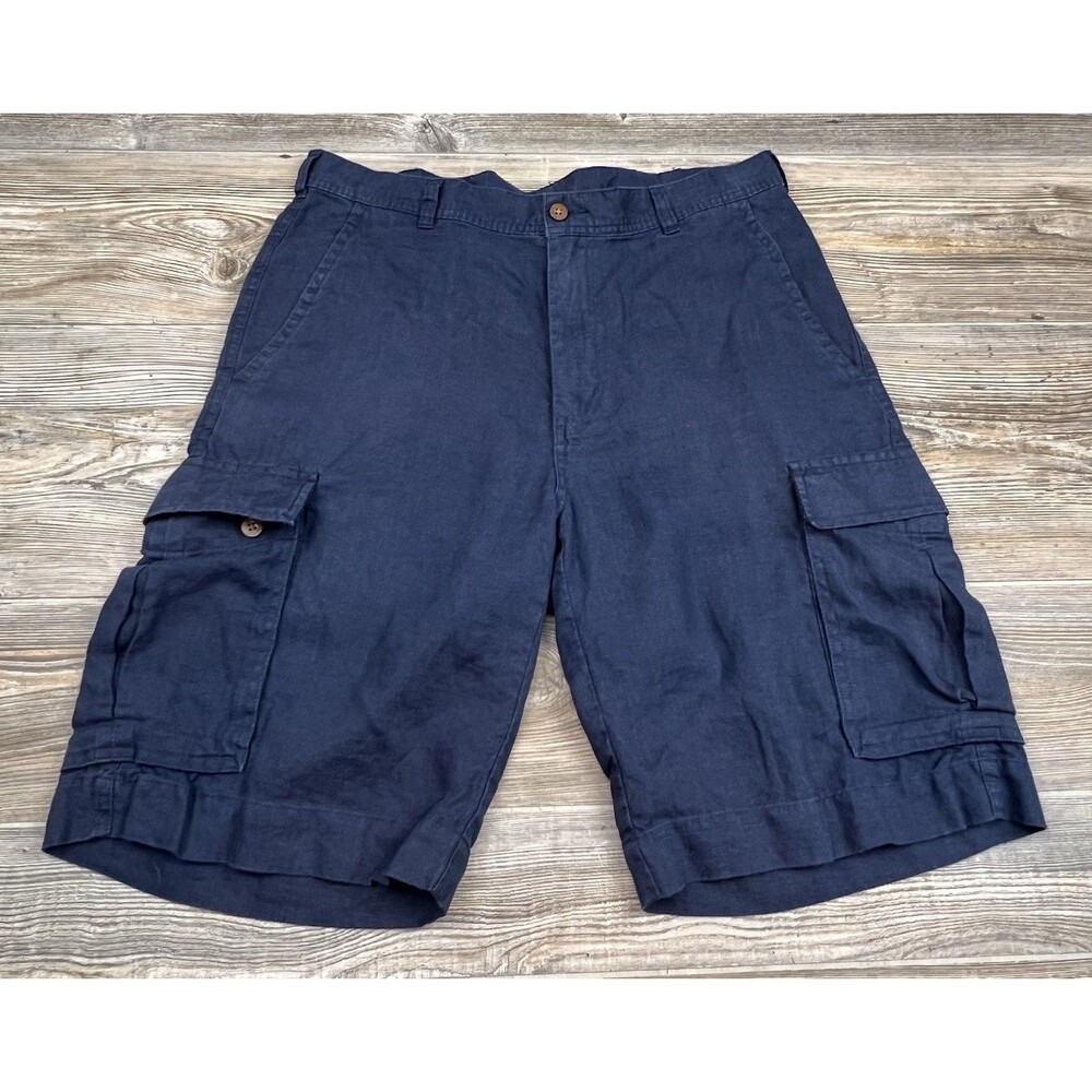 Jos A Bank Linen Cargo Shorts Mens 35/11"‎ Navy Blue Vacation Beach Nautical